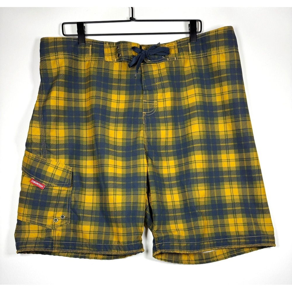 Burton Board Shorts Mens XL Yellow Blue Plaid‎ Polyester Surf Swim Streetwear